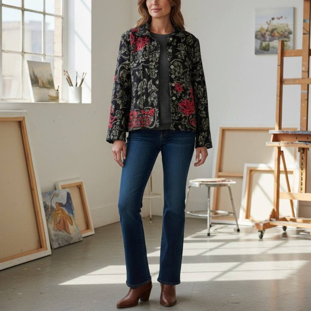 Vintage Chico's Black & Red Floral Beaded Button up Jacket